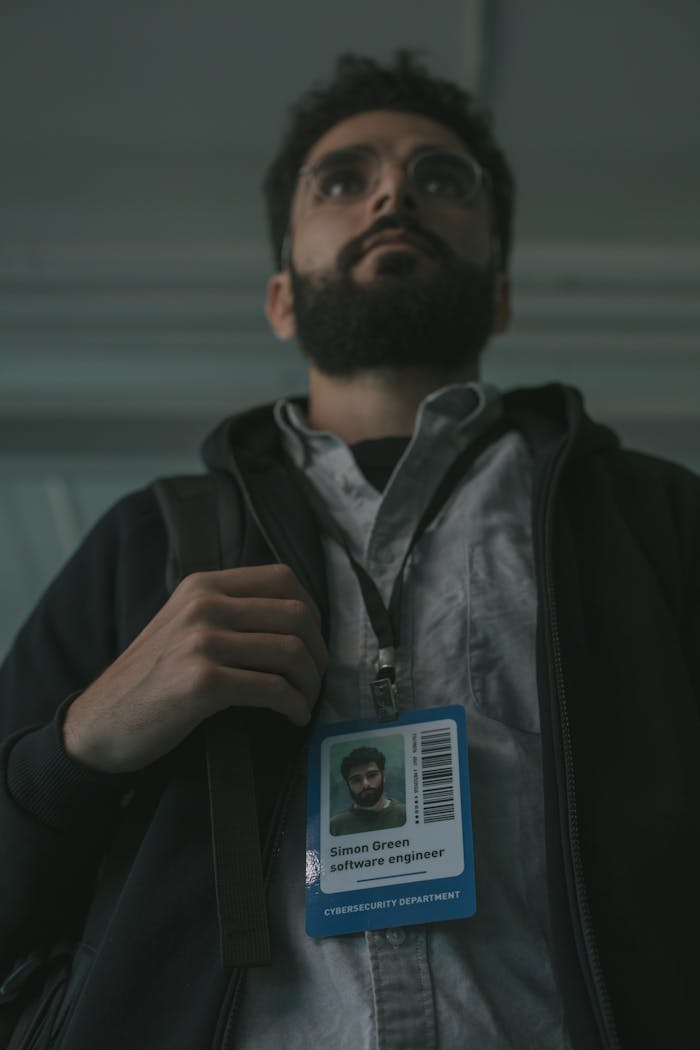 Bearded software engineer indoors with ID badge, focusing on cybersecurity.