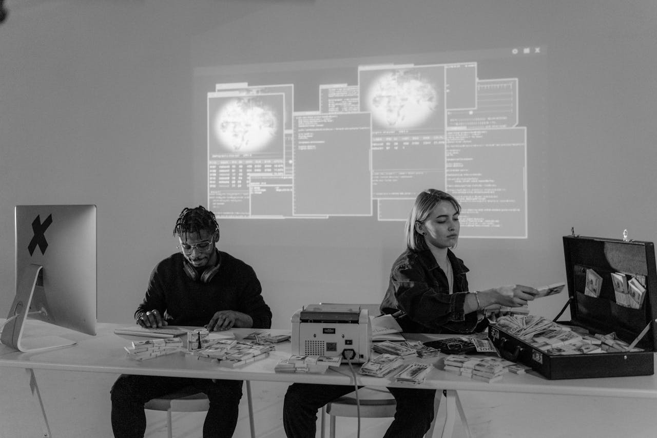 who-we-are Two professionals in a high-tech environment working with cash and computers, analyzing complex data.
